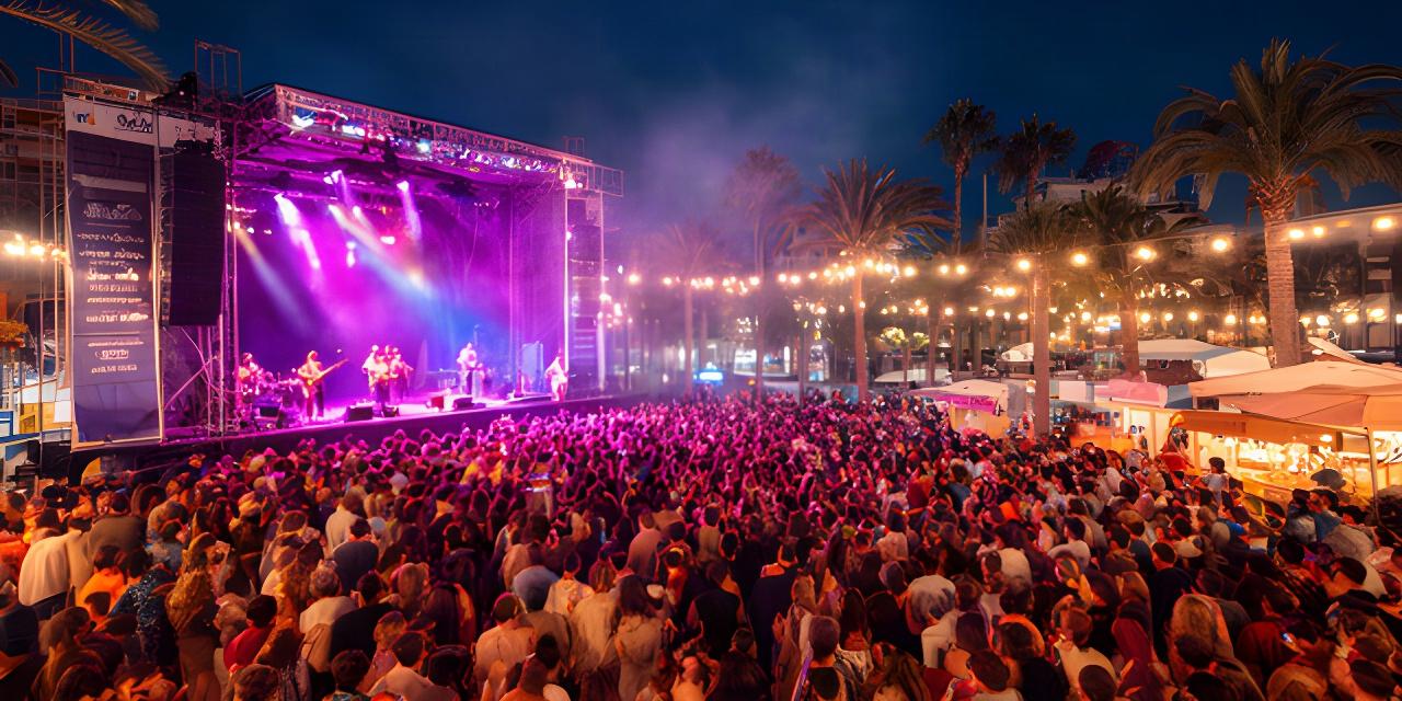 Festival mediterráneo con escenario iluminado y público reunido en Benidorm