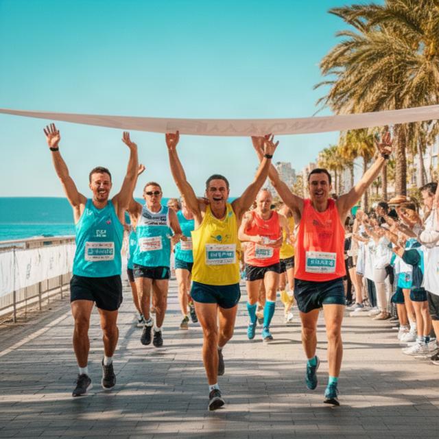 Participantes cruzando la meta de una carrera popular en el paseo de Benidorm