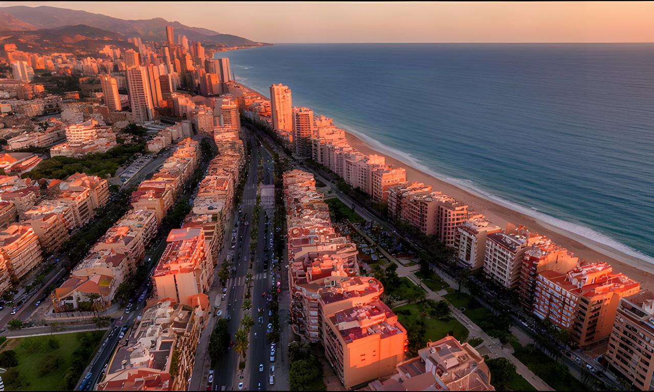 Vista aérea de Benidorm al atardecer con sus barrios, avenidas y línea de costa