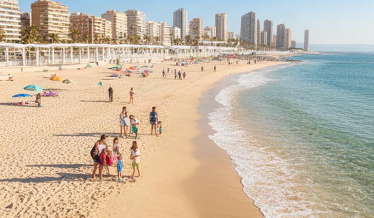 Playa de Poniente de Benidorm con arena amplia, familias y paseo marítimo soleado