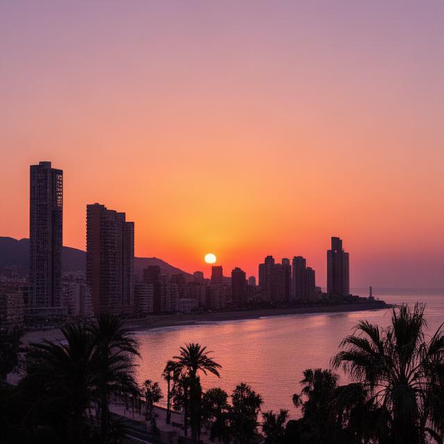 Atardecer naranja sobre la costa y los edificios de Benidorm